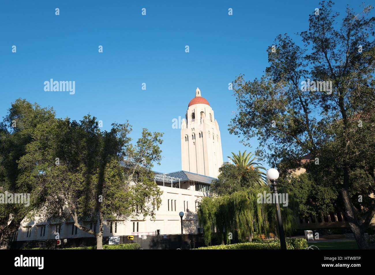 Hoover tower viewed from across a quad at Stanford University in the Silicon Valley town of Stanford, California, November 13, 2016. Stock Photo