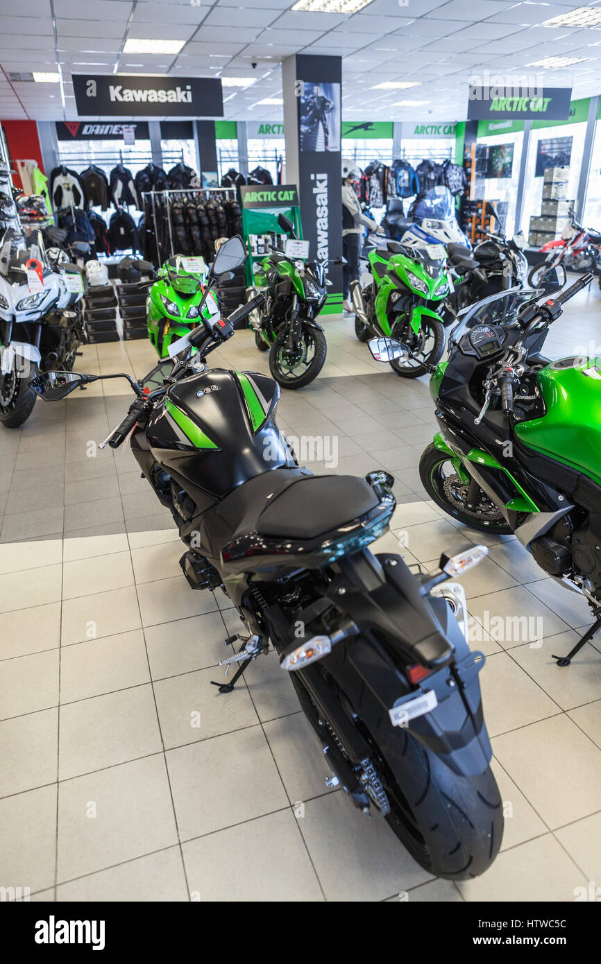 ST. PETERSBURG, RUSSIA - CIRCA 2017: Motorbike dealership store of Kawasaki, and Arctic Cat brands with two-wheeled motor vehicles and mot Stock Photo - Alamy