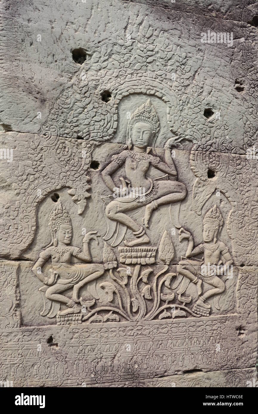 Angkor Thom was the last and most enduring capital city of Khmer empire. Lots of interesting bed-reliefs on walls. Stock Photo