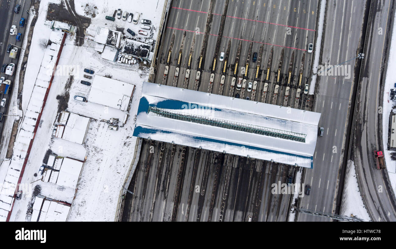 Multilane carriageway of point of payment in the Western High Speed Diameter (WHSD) highway, Saint-Petersburg, Russia. Top view at winter Stock Photo