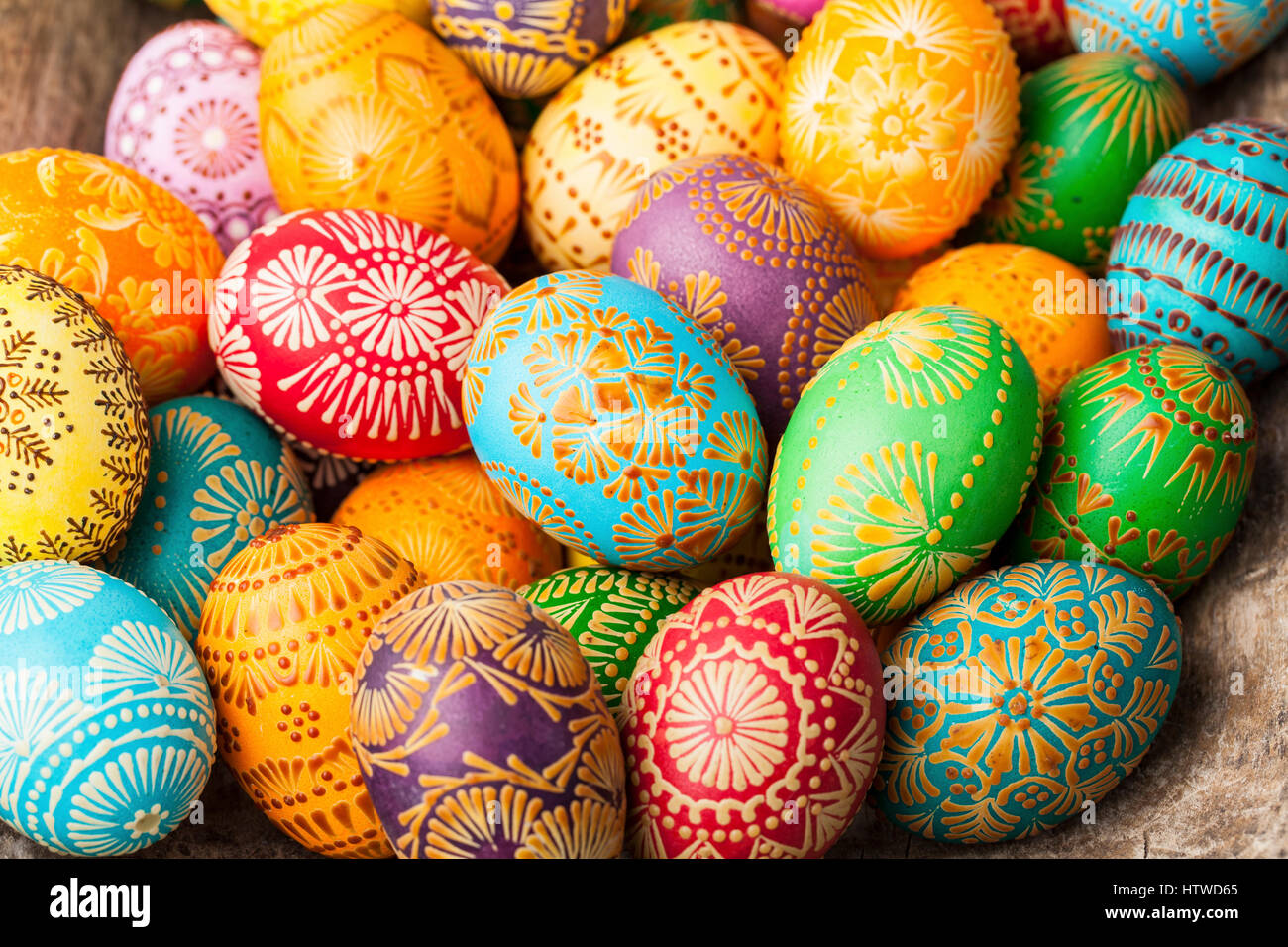 Easter eggs, Paschal eggs, decorated with beeswax - to celebrate Easter. Its old tradition in Lithuania, Eastern Europe. Stock Photo