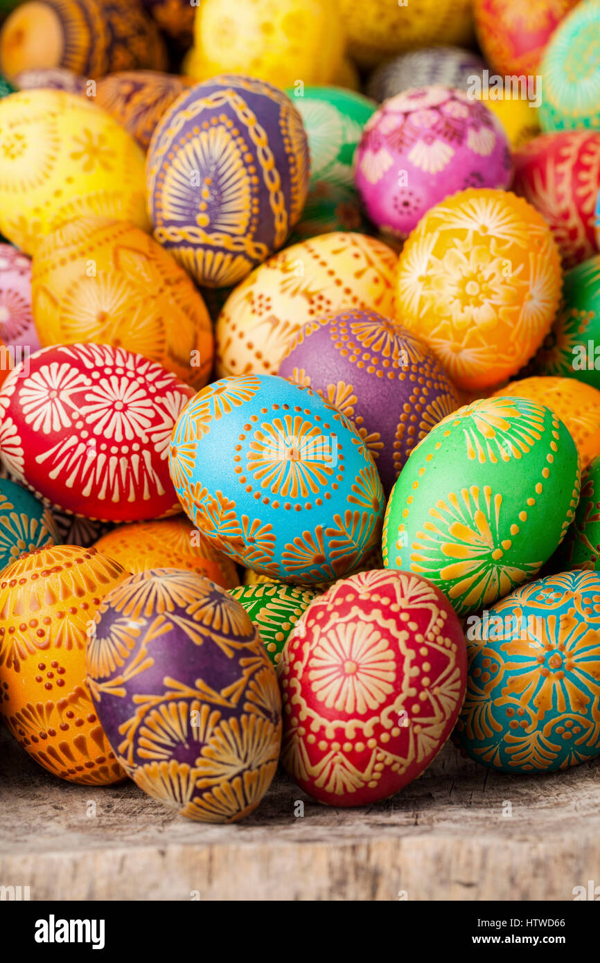 Easter eggs, Paschal eggs, decorated with beeswax - to celebrate Easter. Its old tradition in Lithuania, Eastern Europe. Stock Photo
