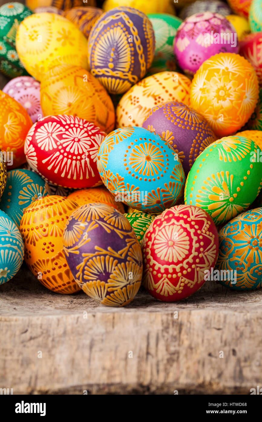 Easter eggs, Paschal eggs, decorated with beeswax - to celebrate Easter. Its old tradition in Lithuania, Eastern Europe. Stock Photo