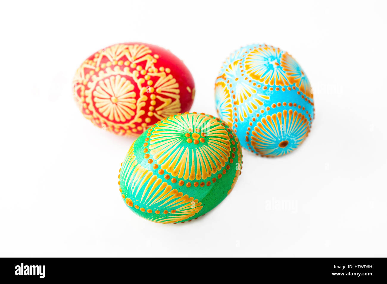 Easter eggs, Paschal eggs, decorated with beeswax - to celebrate Easter. Its old tradition in Lithuania, Eastern Europe. Stock Photo