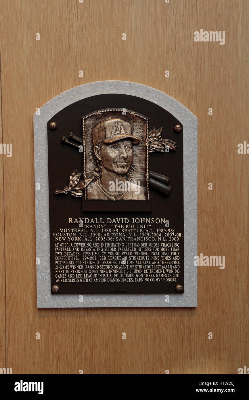 Memorial plaque pitcher Randy Johnston for in the Hall of Fame Gallery, National Baseball Hall of Fame & Museum, Cooperstown, NY, USA. Stock Photo