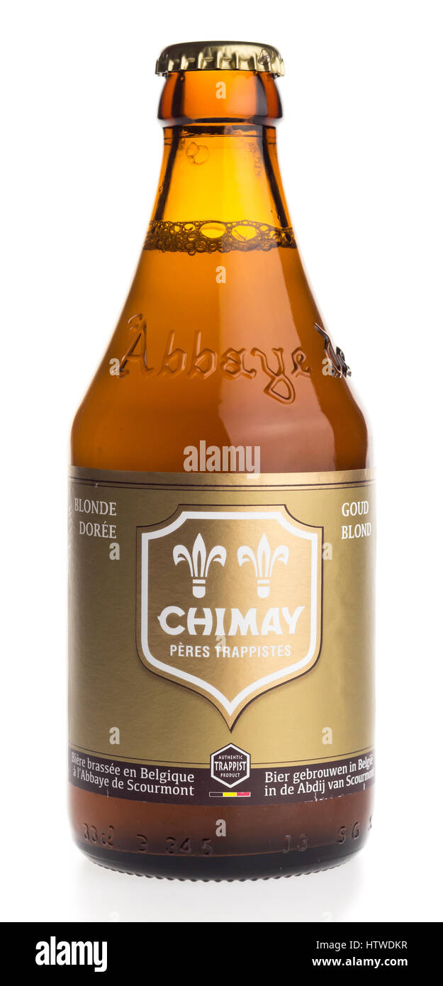 Bottle of Chimay Blonde beer isolated on a white background Stock Photo