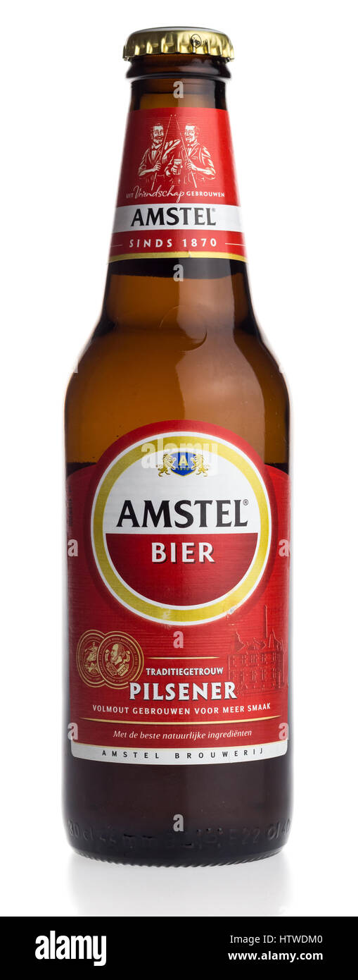 Bottle of Dutch Amstel Pilsener beer isolated on a white background Stock Photo