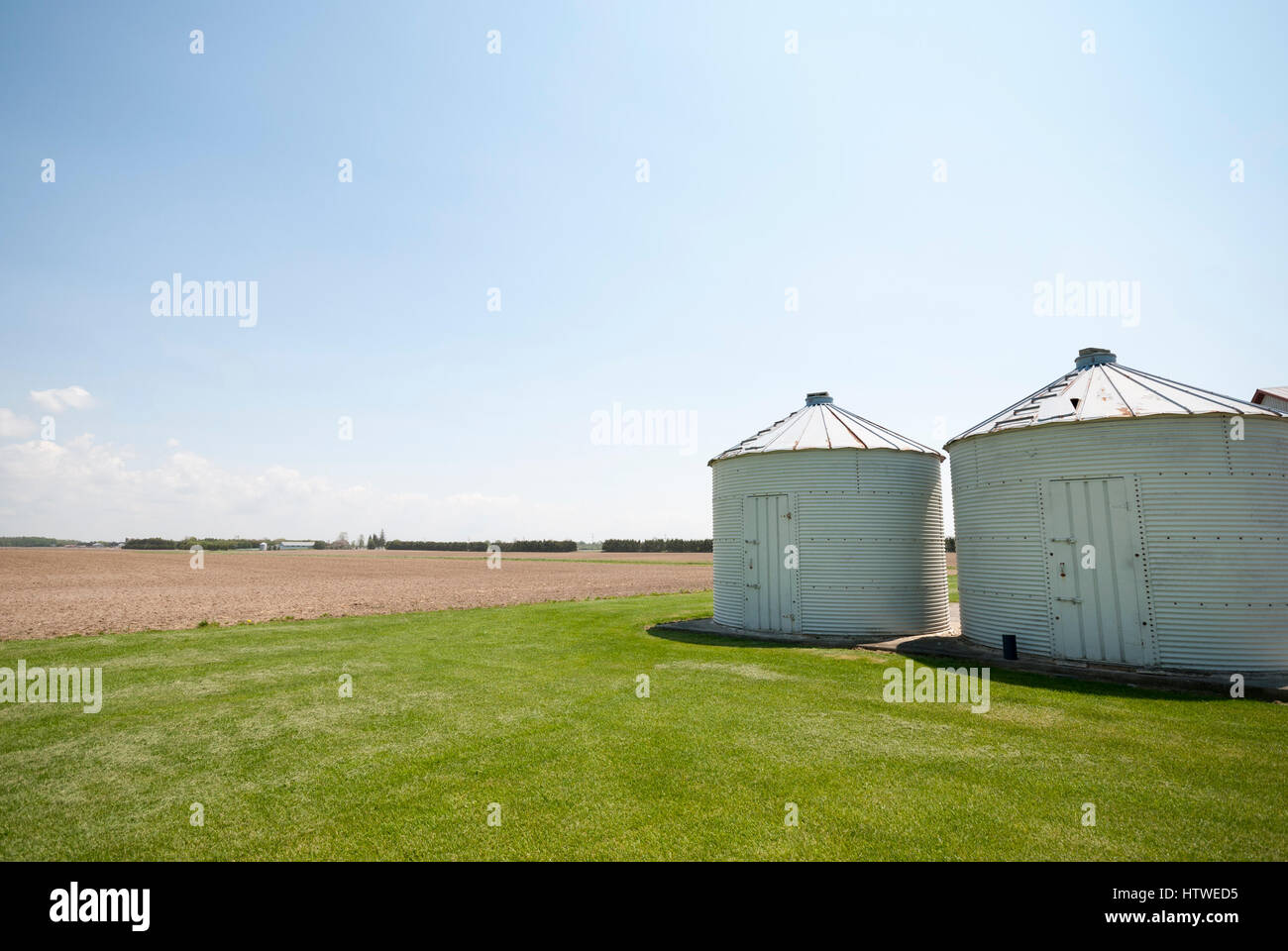 Seed storage bins on a commercial corn farming operation in rural