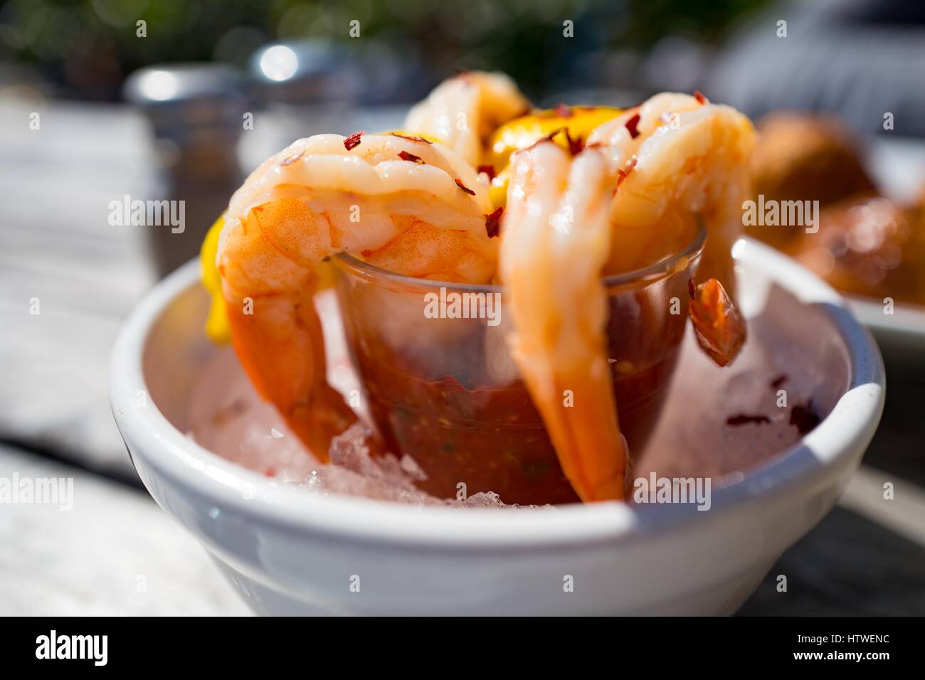 Shrimp cocktail served with lemon and tartar sauce at a restaurant in Stinson Beach, California, March 12, 2017. Stock Photo