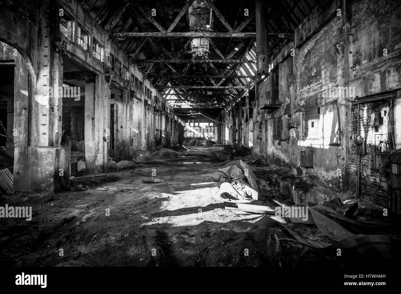empty industrial hall monochrome and abandoned Stock Photo