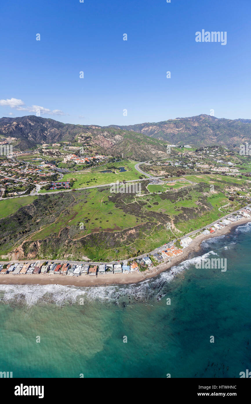 Aerial view of Malibu beach homes and hillsides in Southern California. Stock Photo