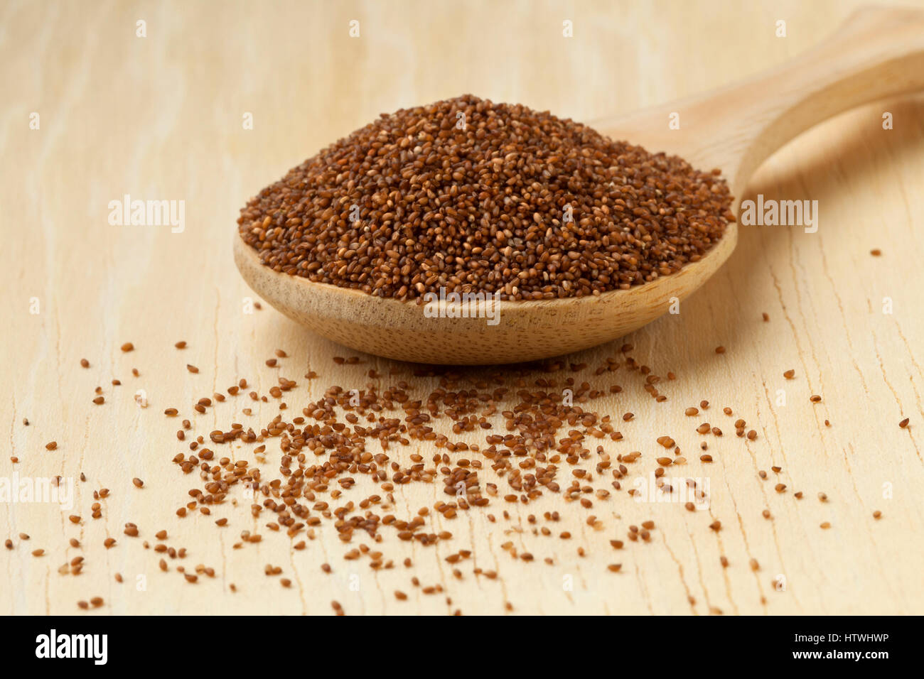 Heap of brown teff seeds on a wooden spoon Stock Photo