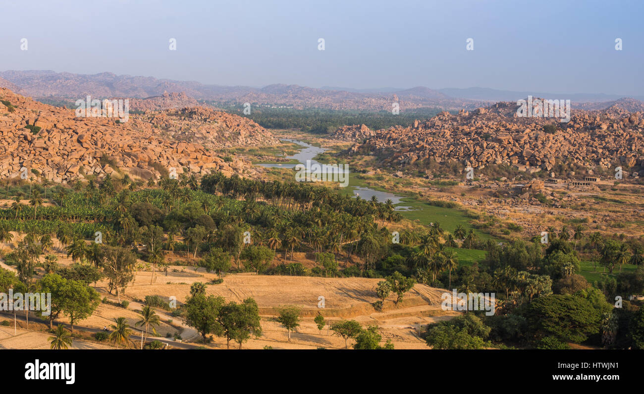 Ariel landscape from Anjana Matha Temple ( Hanuman Temple), Hampi Stock Photo