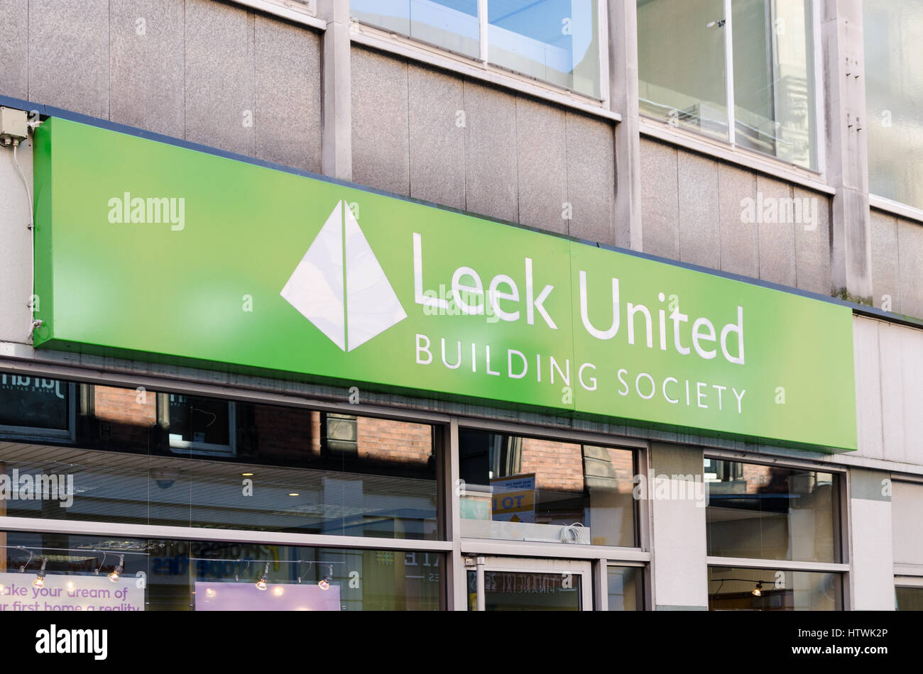 Sign above Leek United Building Society branch in Derby Stock Photo