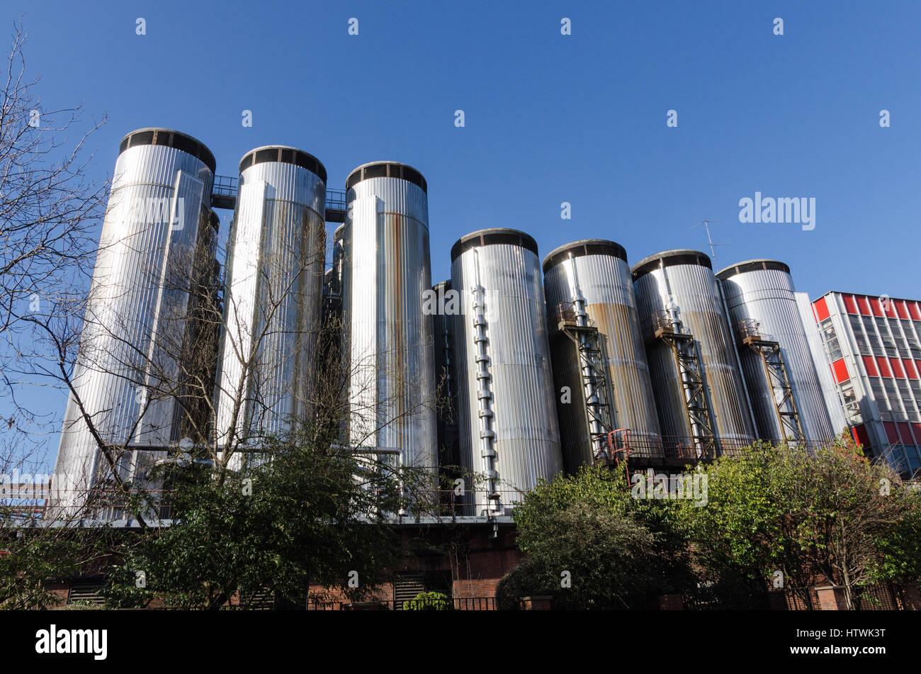 Stainless steel storage tanks at the Molson Coors brewery in Burton-upon-Trent, Staffordshire Stock Photo