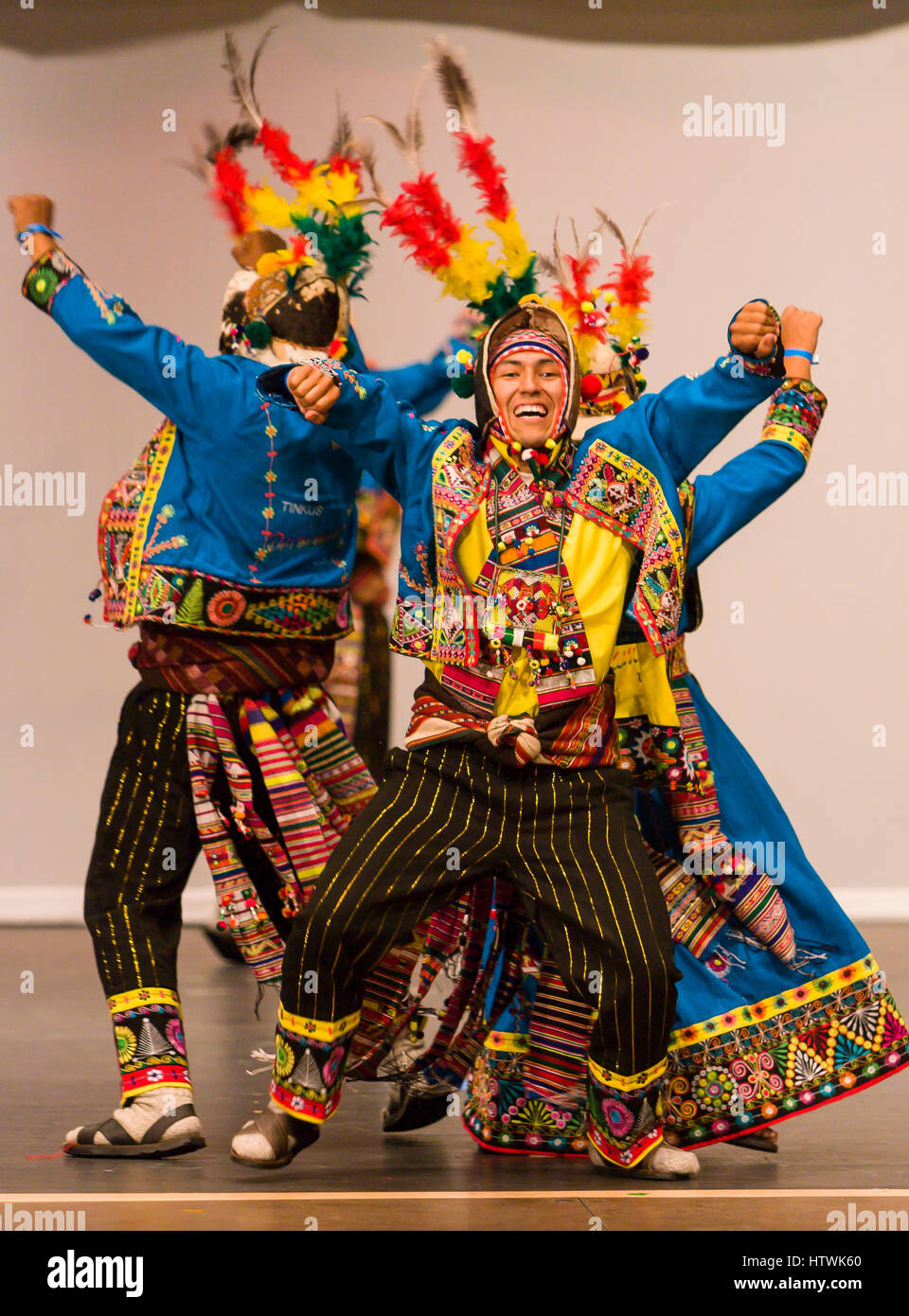 ARLINGTON, VIRGINIA, USA - Bolivian folk dancing group performs the Tinku dance during competition. Arlington has a large Bolivia immigrant community. Stock Photo