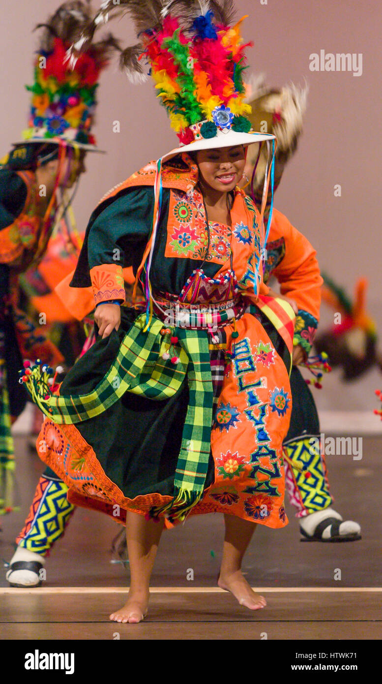 ARLINGTON, VIRGINIA, USA - Bolivian folk dancing group performs the Tinku dance during competition. Arlington has a large Bolivia immigrant community. Stock Photo