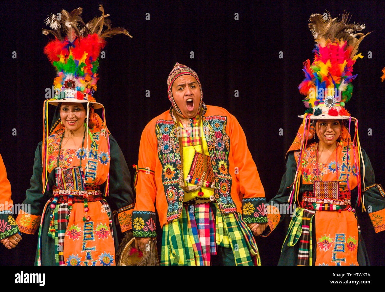 ARLINGTON, VIRGINIA, USA - Bolivian folk dancing group performs the Tinku dance during competition. Arlington has a large Bolivia immigrant community. Stock Photo