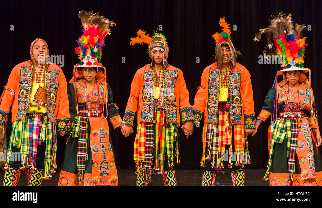 ARLINGTON, VIRGINIA, USA - Bolivian folk dancing group performs the Tinku dance during competition. Arlington has a large Bolivia immigrant community. Stock Photo