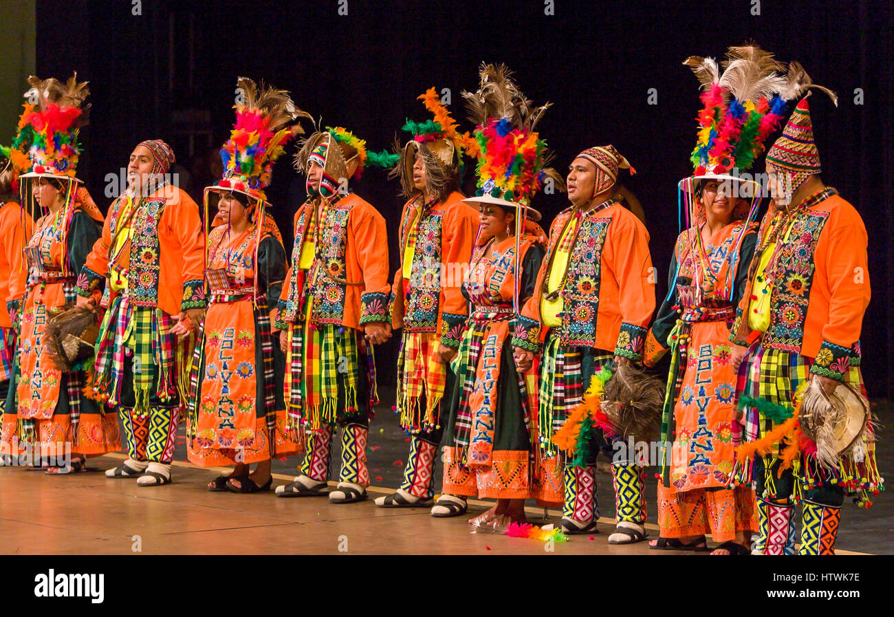 ARLINGTON, VIRGINIA, USA - Bolivian folk dancing group performs the Tinku dance during competition. Arlington has a large Bolivia immigrant community. Stock Photo