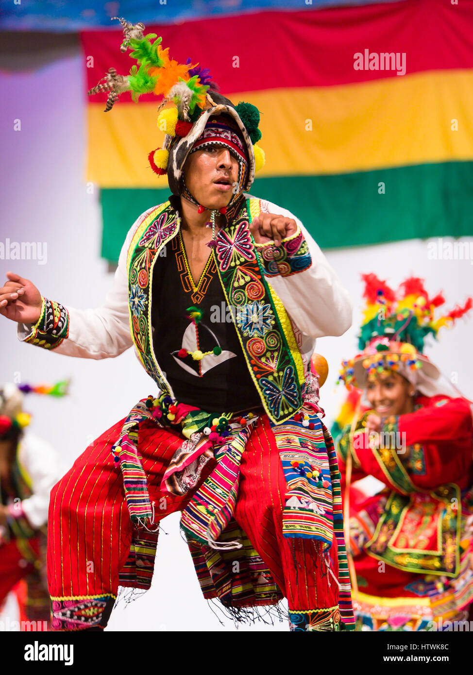 ARLINGTON, VIRGINIA, USA - Bolivian folk dancing group performs the Tinku dance during competition. Arlington has a large Bolivia immigrant community. Stock Photo