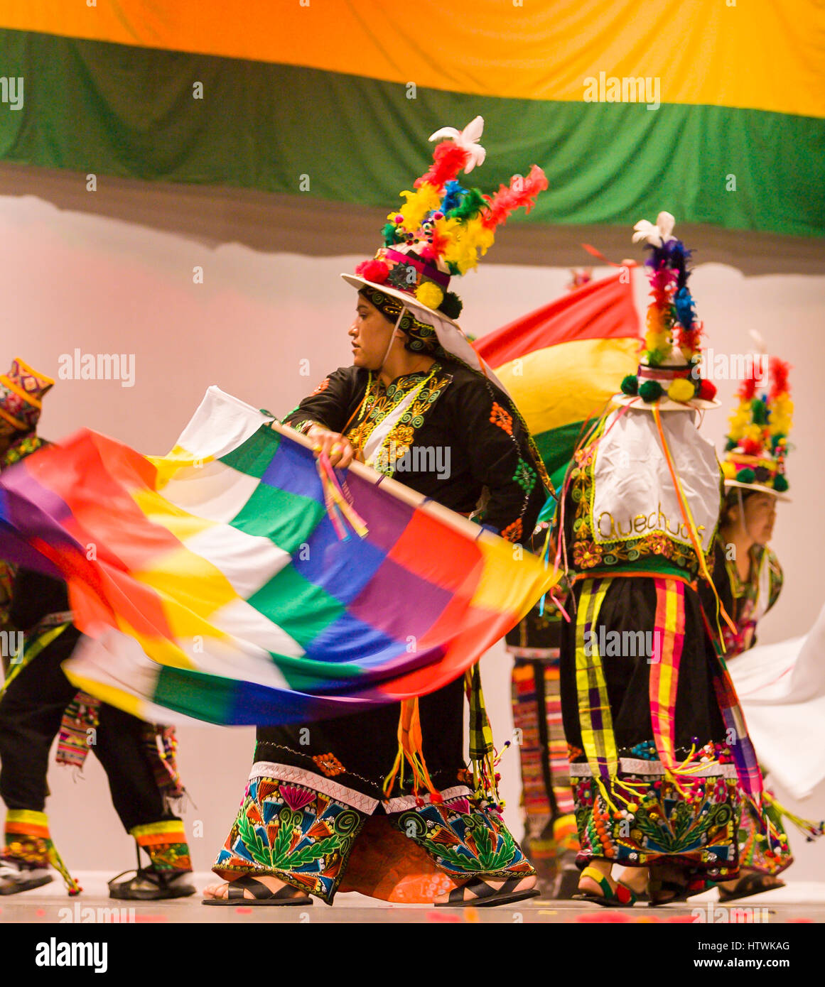 ARLINGTON, VIRGINIA, USA - Bolivian folk dancing group performs the Tinku dance during competition. Arlington has a large Bolivia immigrant community. Stock Photo