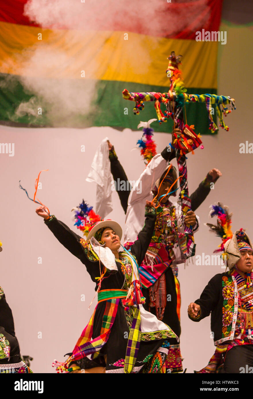 ARLINGTON, VIRGINIA, USA - Bolivian folk dancing group performs the Tinku dance during competition. Arlington has a large Bolivia immigrant community. Stock Photo