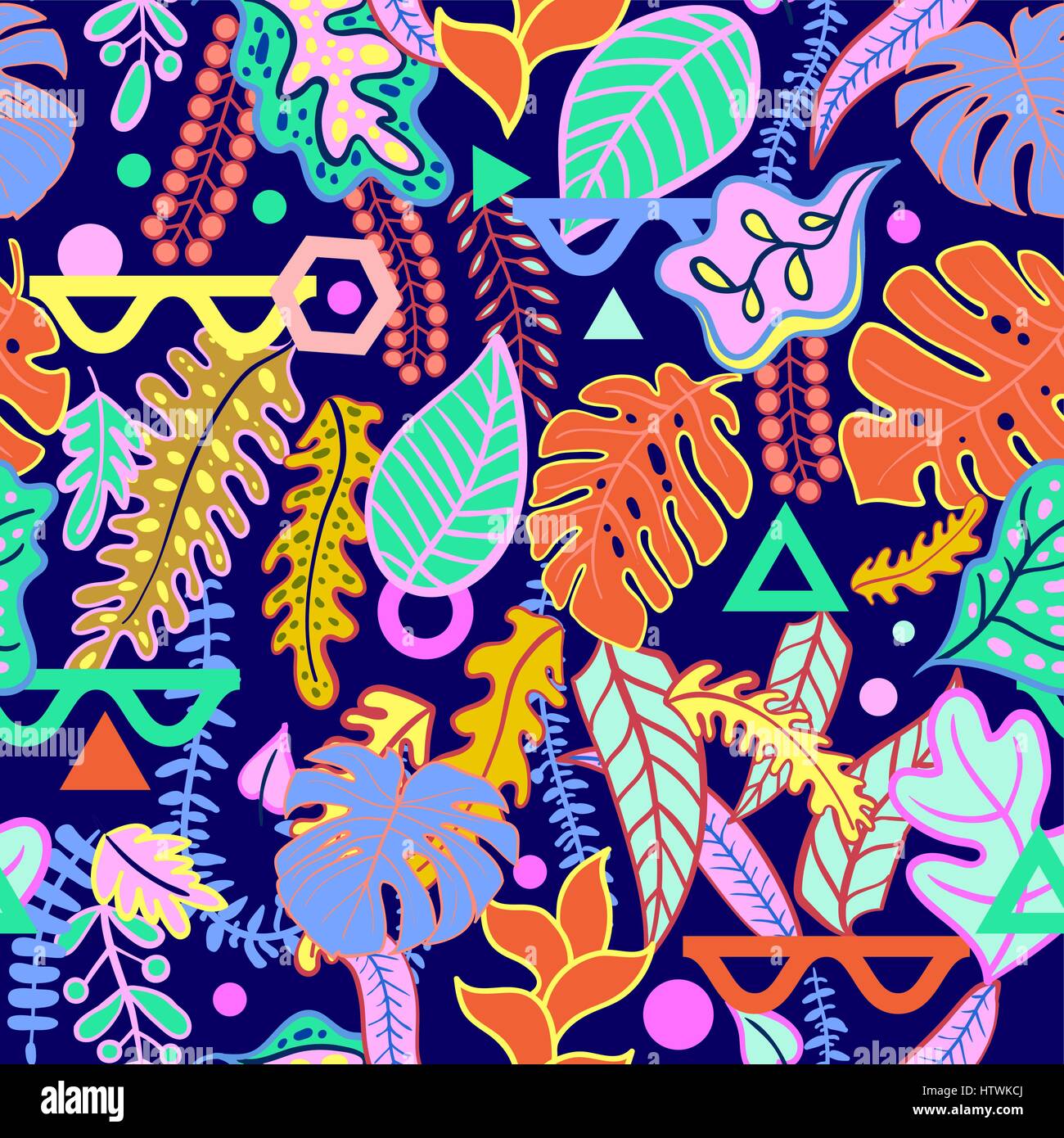 Tropical vibrant tropical leaves seamless pattern. Stock Vector