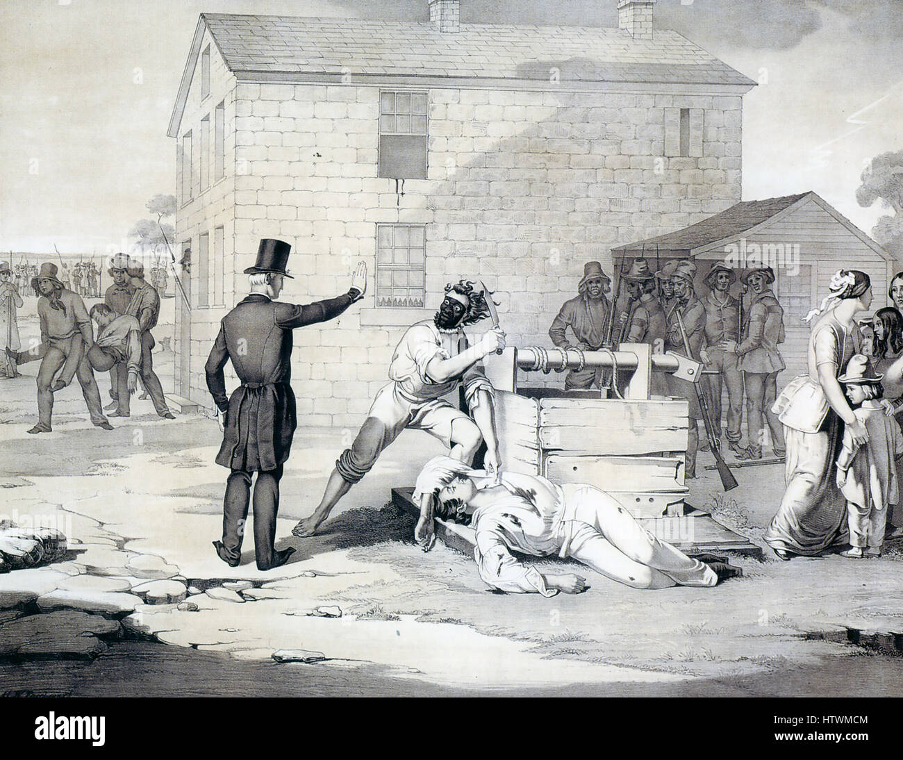 MARTYRDOM OF JOSEPH AND HIRAM SMITH  IN CARTHAGE JAIL JUNE 27th 1844. An 1851 lithograph showing the two dead Mormons outside the gaol in Carthage, Illinois. Hyrum's name is misspelt in the original caption shown here. Stock Photo