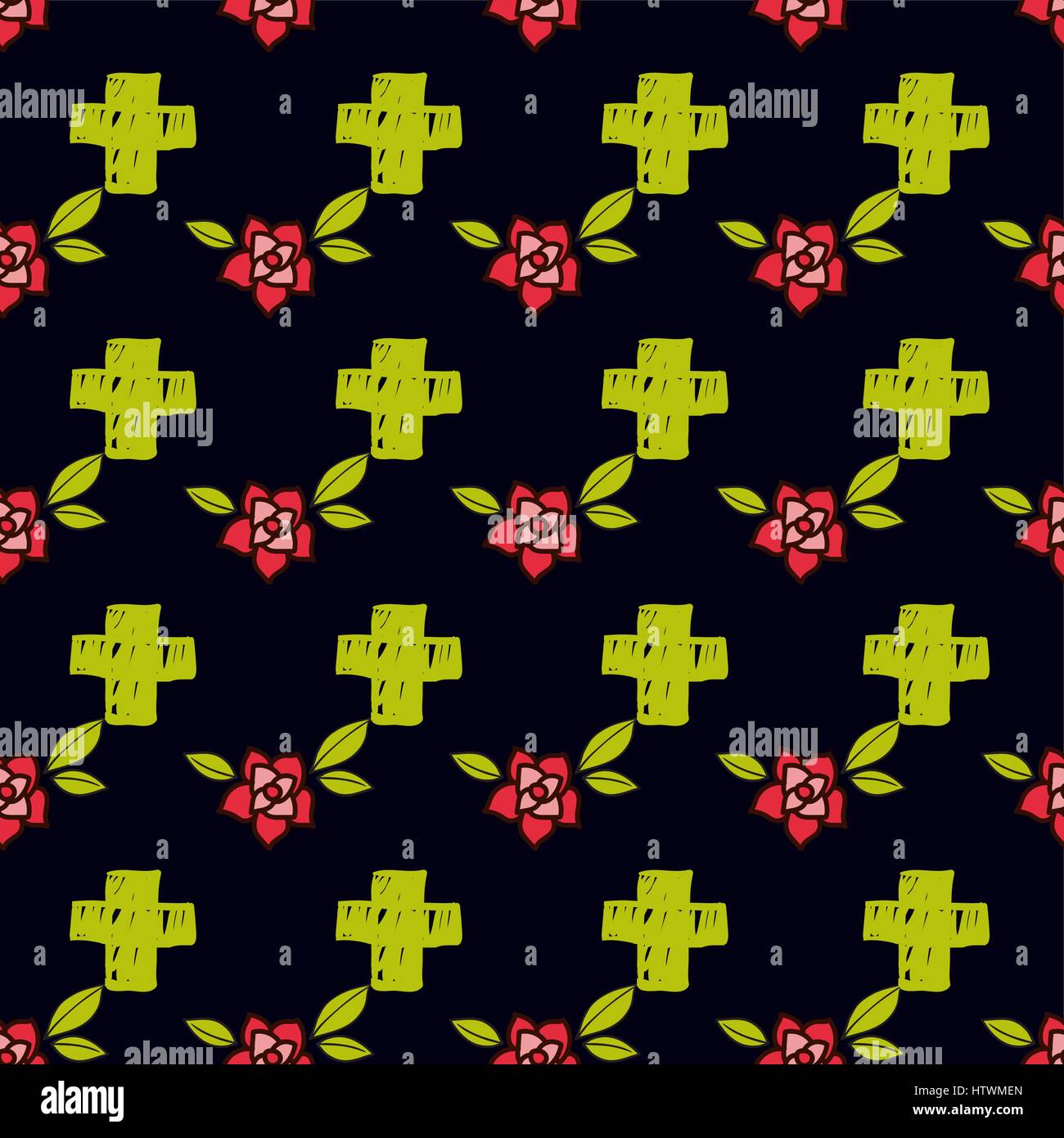Crosses and flowers in an old-style tattoo. The day of the Dead. A seamless pattern on a black background. Stock Vector