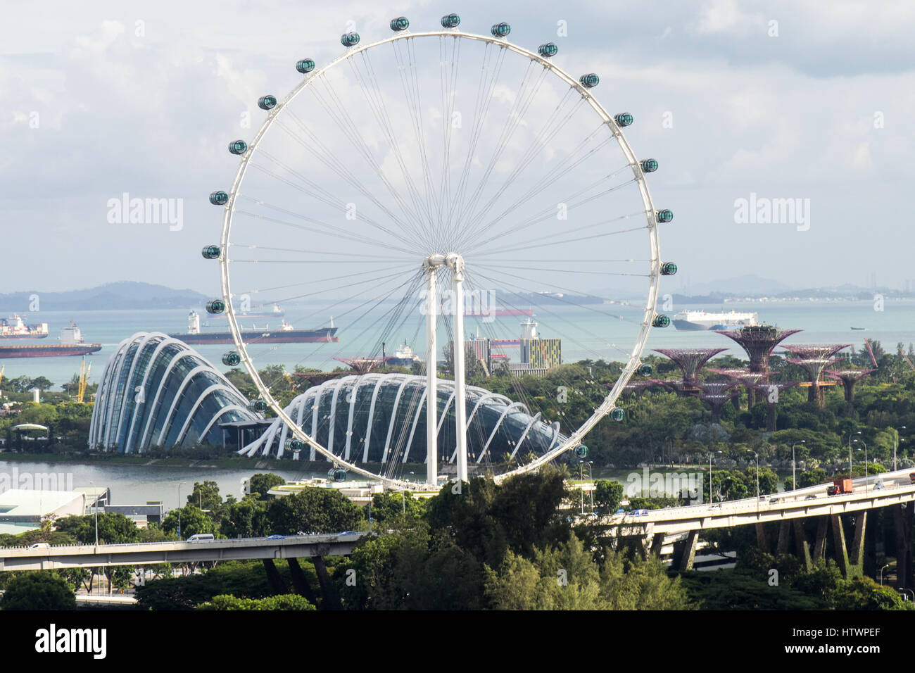 The Singapore Flyer, a giant ferris wheel, next to Gardens By The Bay, Marina Sands, Singapore. Stock Photo