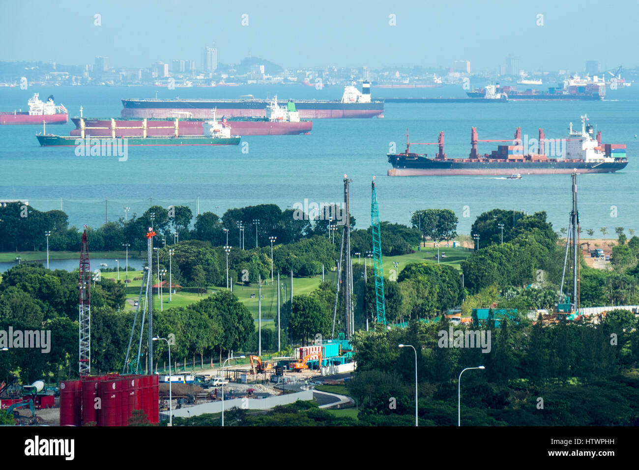 Anchored ships in Eastern Anchorage off the Marina Bay, Singapore Stock