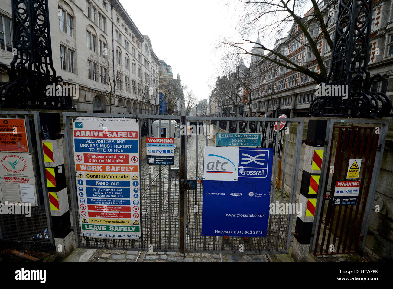 Entrance to Crossrail underground works using the Kingsway tramway subway entrance in Southampton Row, Holborn, London, UK Stock Photo