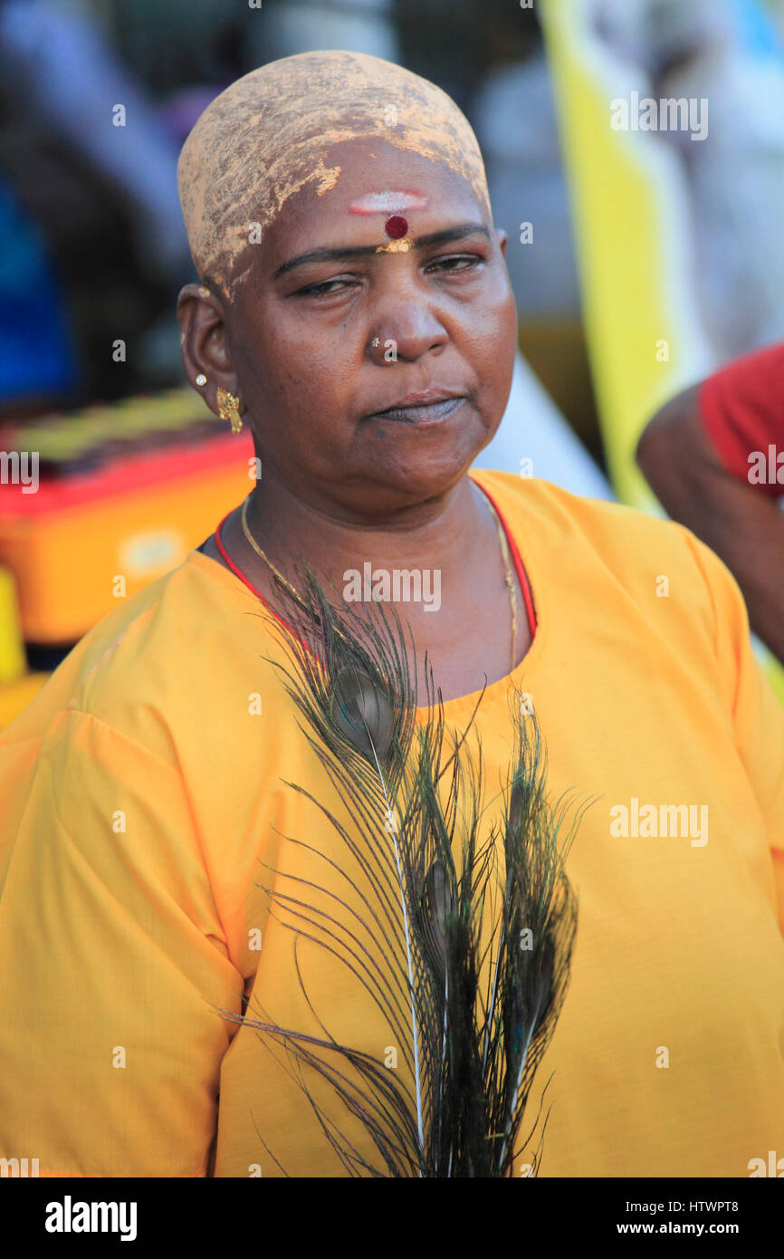 Malaysia, Penang, Thaipusam, hindu festival, woman with shaved head, Stock Photo
