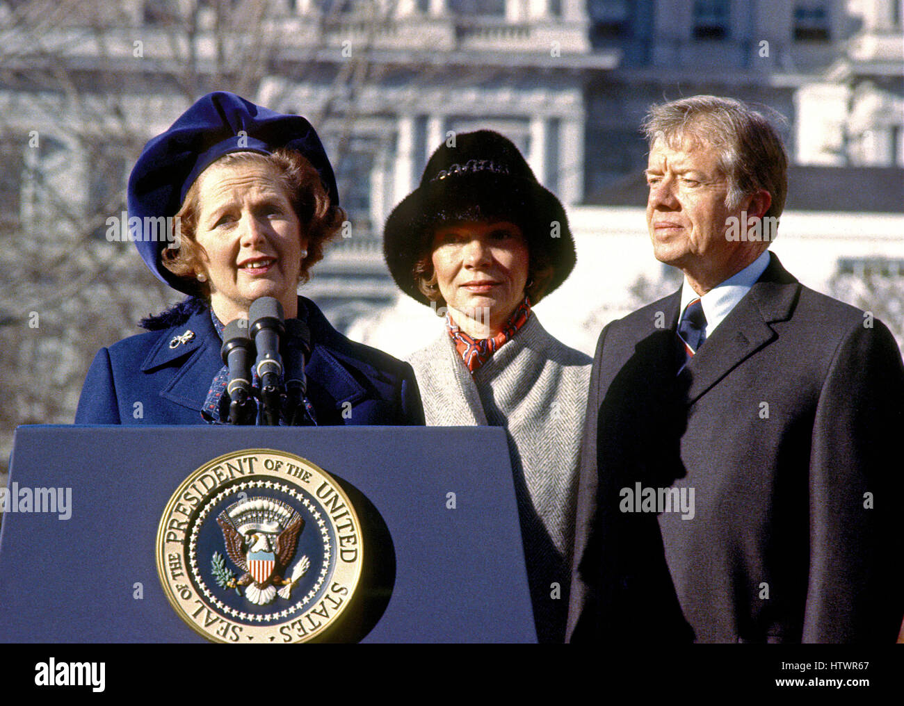 Prime Minister Margaret Thatcher of the United Kingdom, left, is shown