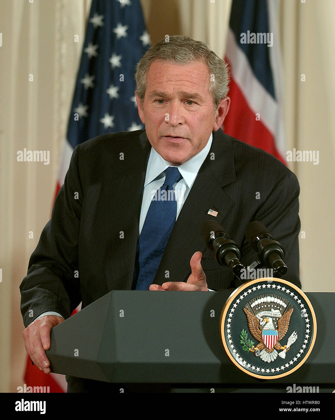 Washington, D.C - May 25, 2006 -- Prime Minister Tony Blair of the United Kingdom and United States President George W Bush hold a joint press conference in the East Room of the White House in Washington, D.C on May 25, 2006 Blair was at the White House f Stock Photo