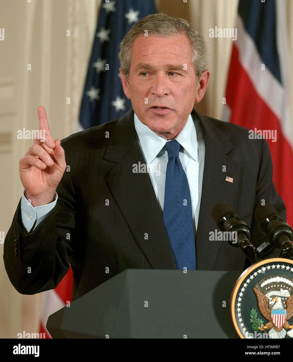 Washington, D.C - May 25, 2006 -- Prime Minister Tony Blair of the United Kingdom and United States President George W Bush hold a joint press conference in the East Room of the White House in Washington, D.C on May 25, 2006 Blair was at the White House f Stock Photo