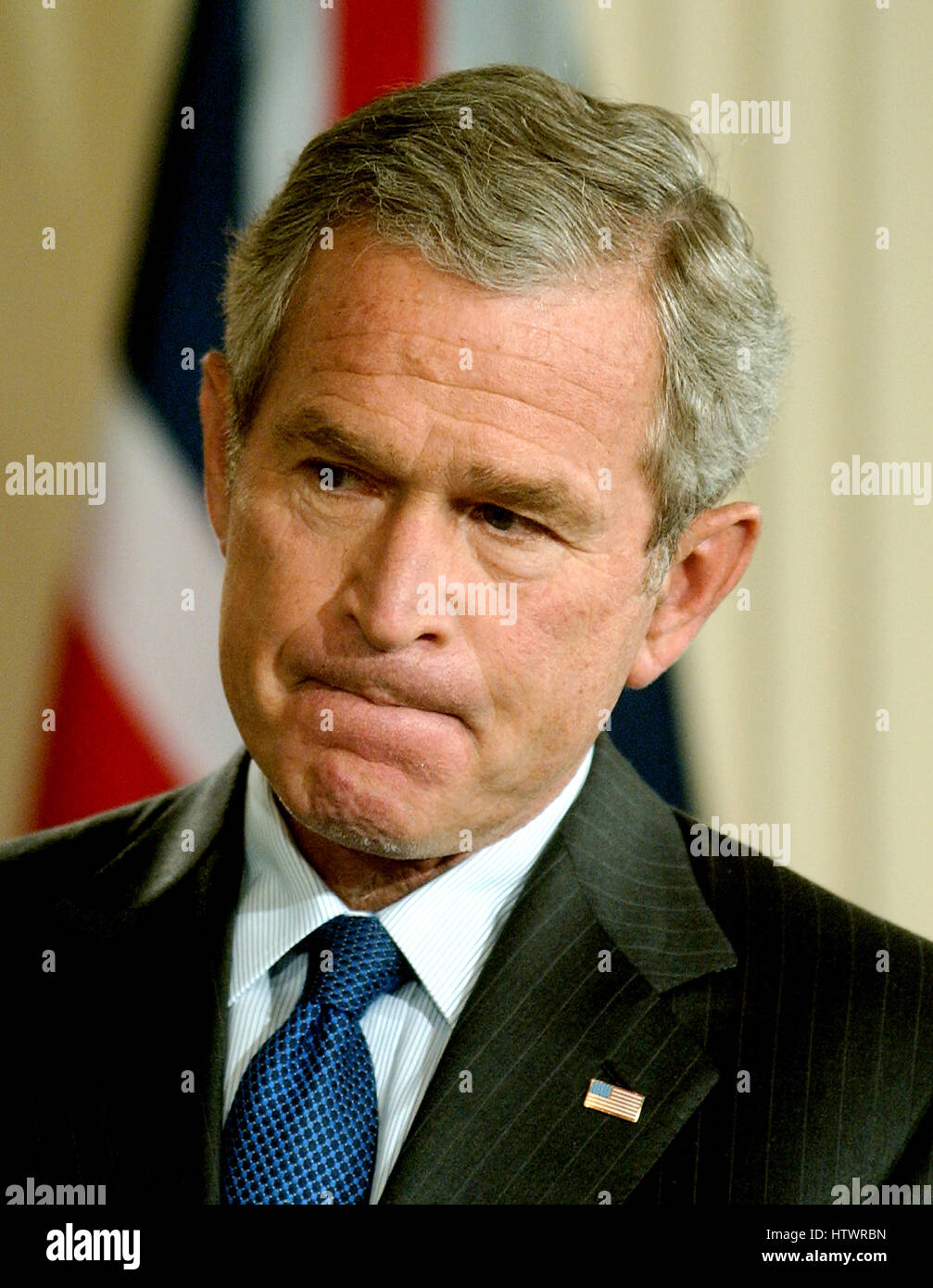Washington, D.C - July 28, 2006 -- United States President George W Bush and Prime Minister Tony Blair of Great Britain hold a joint press conference in the East Room in the White House on July 28, 2006 They discussed ideas to broker a cease-fire between Stock Photo