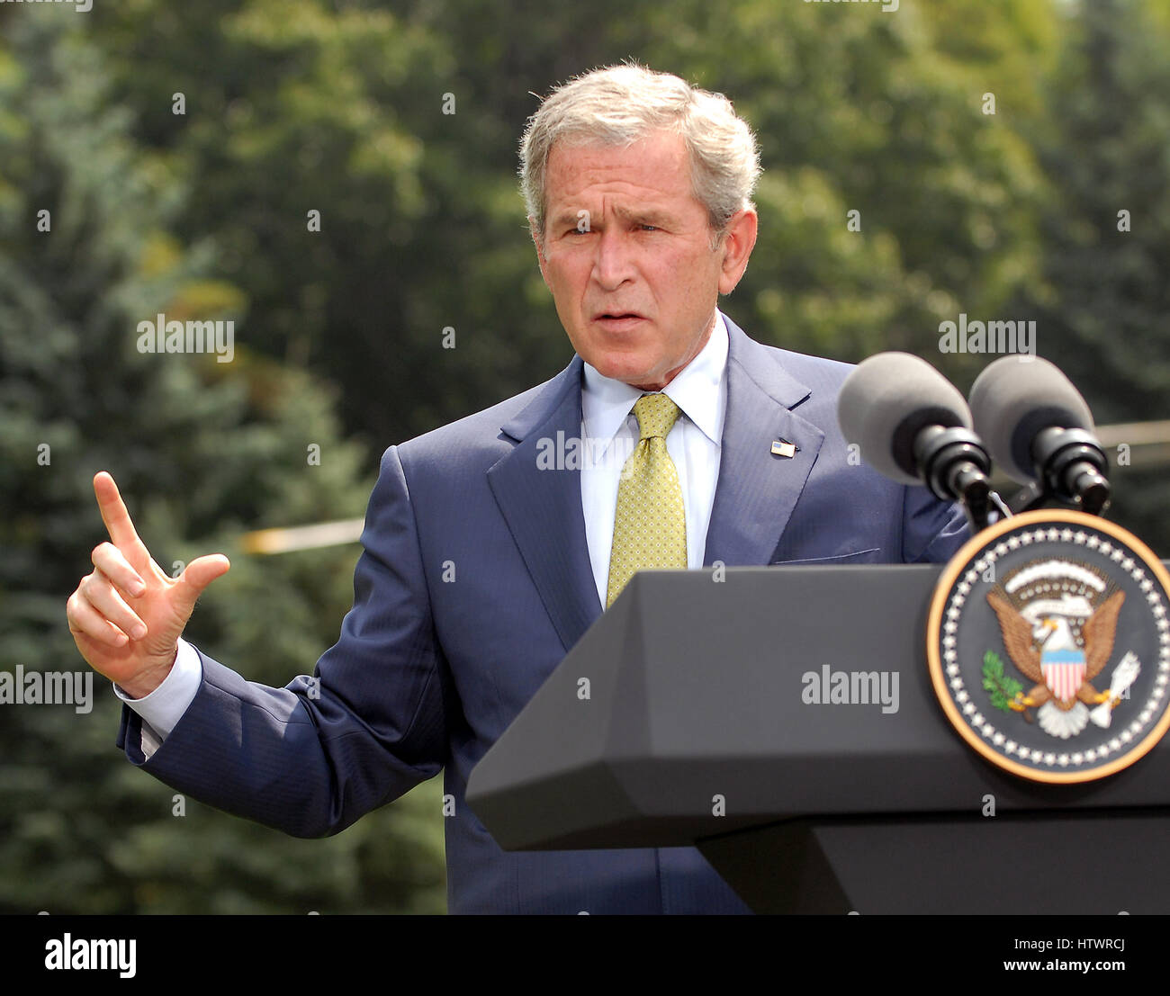 Camp David, MD - July 30, 2007 -- United States President George W Bush participates in a Joint Press Availability with Gordon Brown, Prime Minister of the United Kingdom at Camp David, Maryland on Monday, July 30, 2007.. Stock Photo