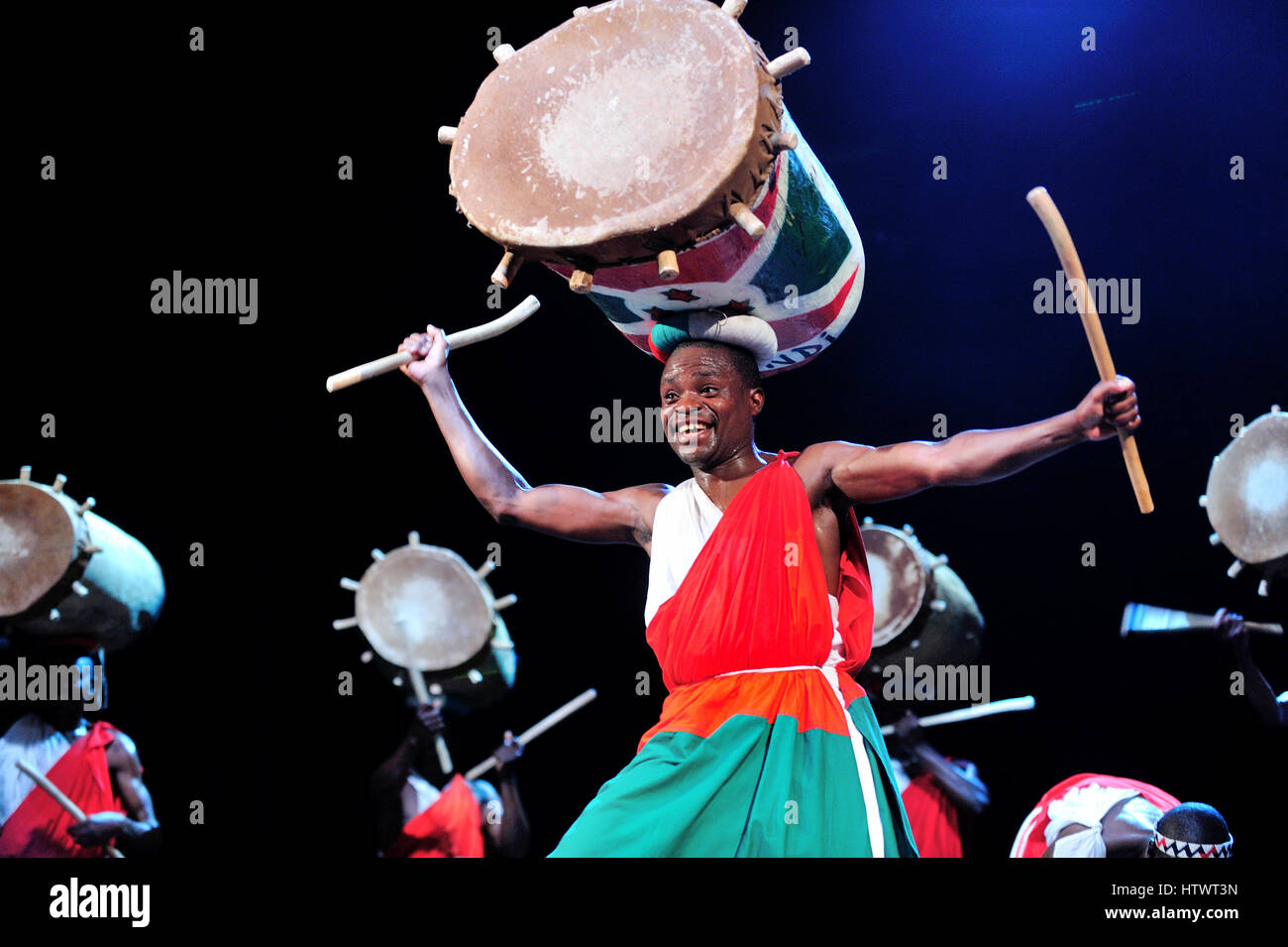 The royal drummers from Burundi, rhythms, music, ethnic, strong African royal, musicians, artists, porch, singing, singing, jumping, Drums (karyenda) Stock Photo