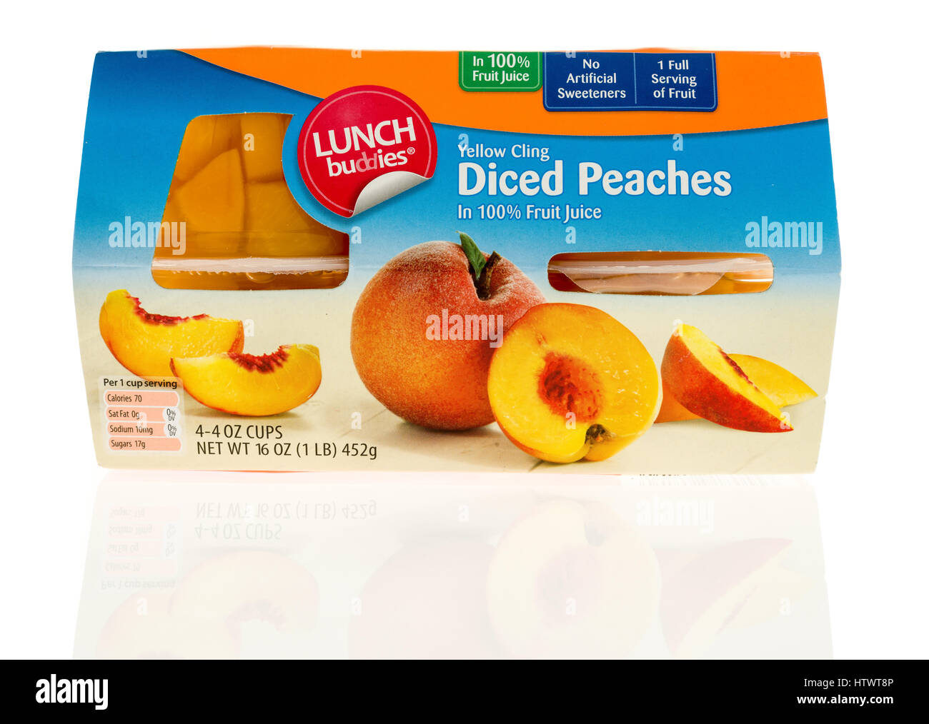 Winneconne, WI - 12 March 2017:  A package of Lunch Buddies diced peaches on an isolated background. Stock Photo