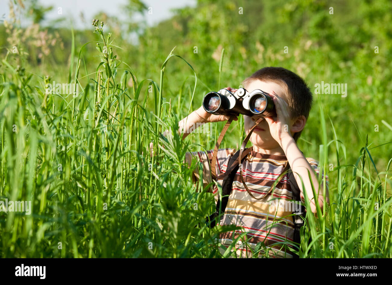 Young boy in a field looking through binoculars Stock Photo
