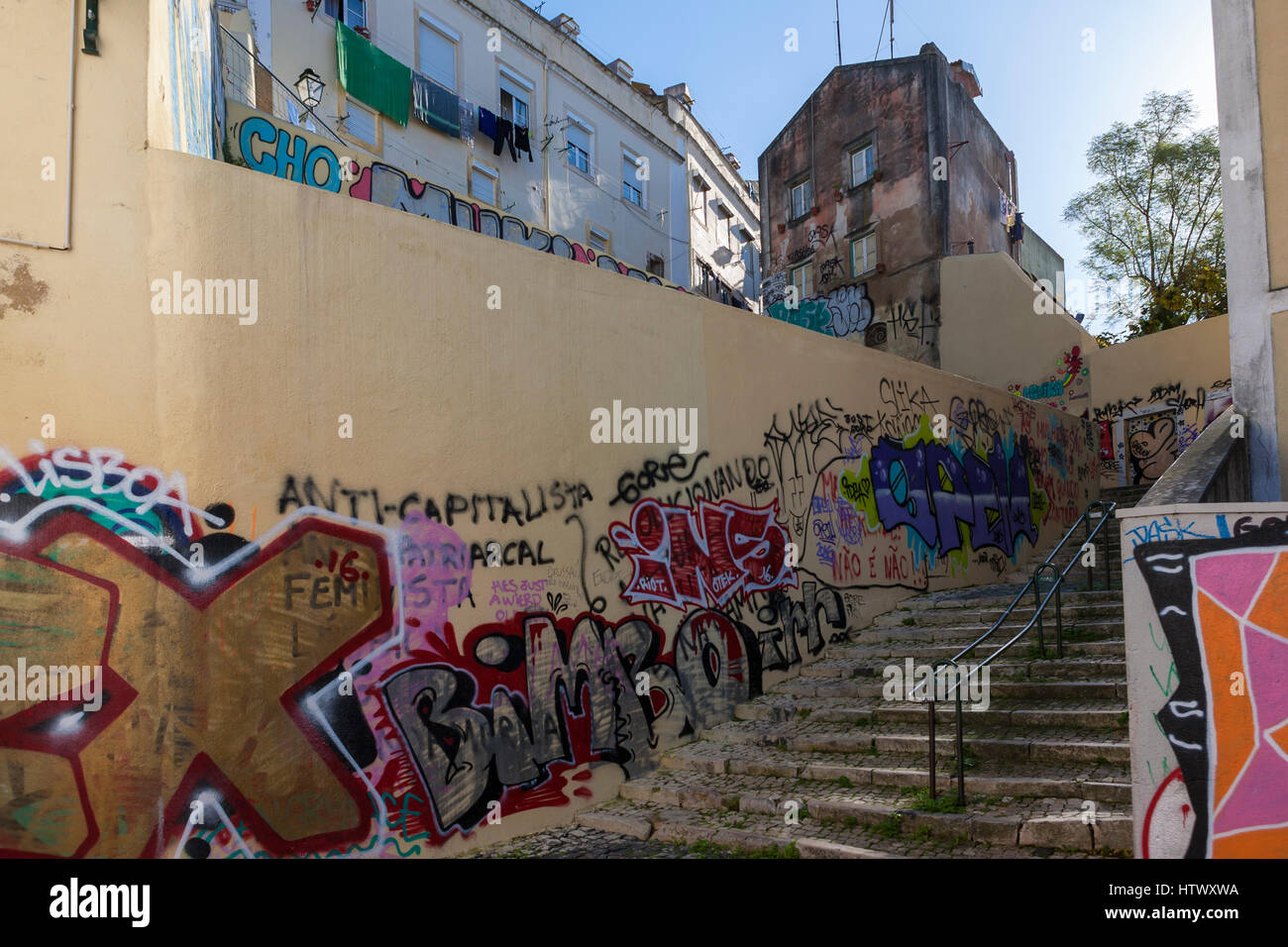 Extensive graffiti on Caracol da Graça, a steep pedestrian lane in Graça, Lisbon, Portugal Stock Photo