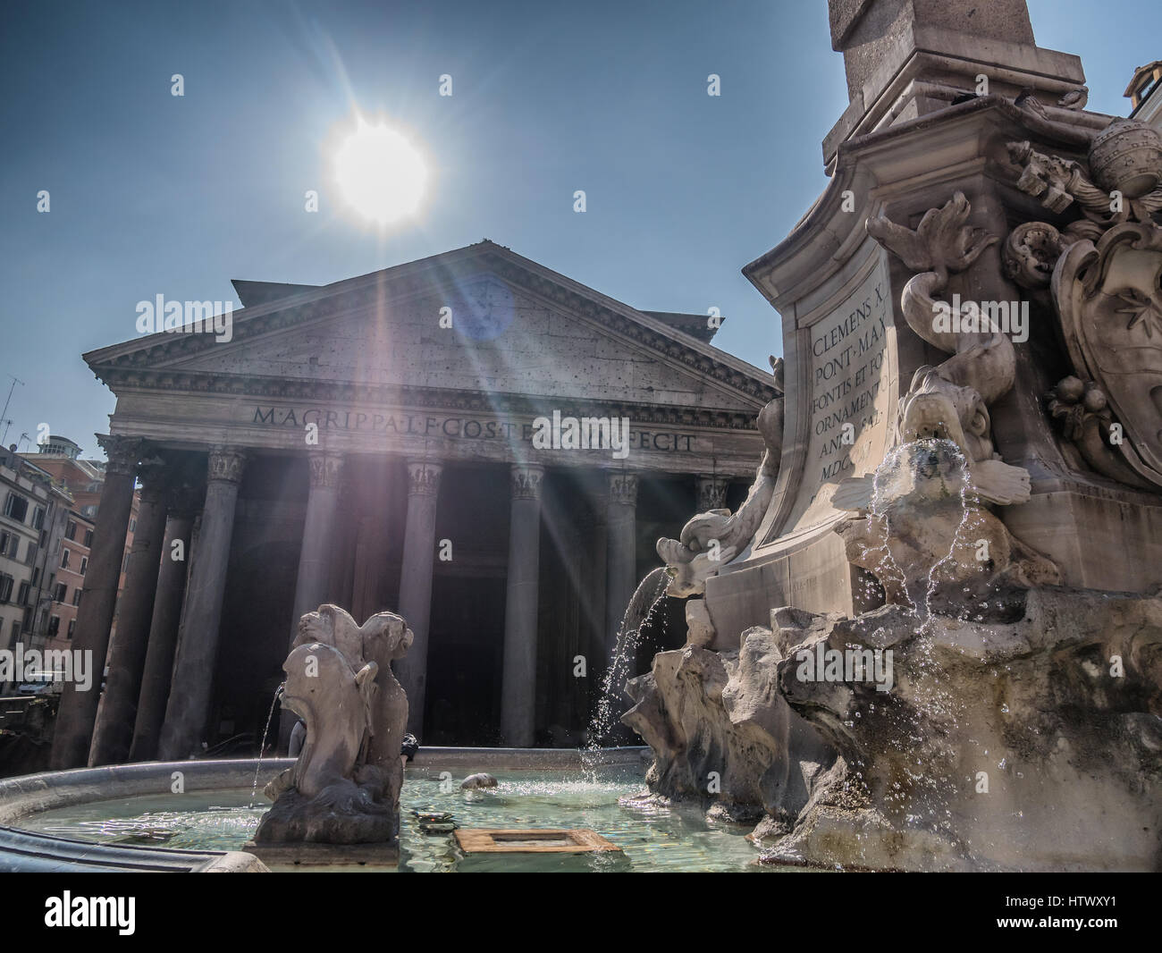 Pantheon from the outside with fountain in front Stock Photo
