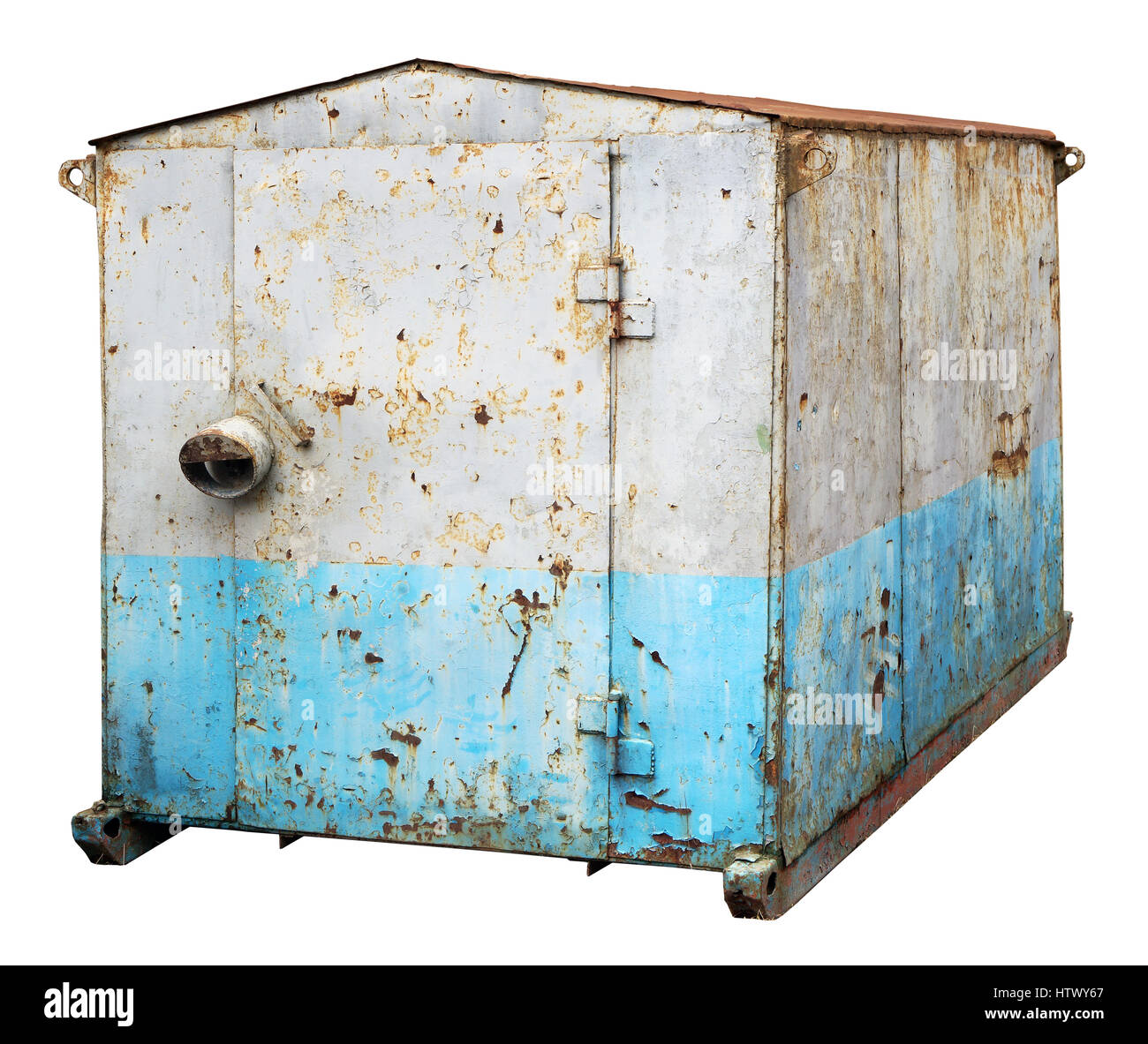 Dirty old rusty  blue metal  no name  truck  trailer without wheels. Isolated with patch Stock Photo