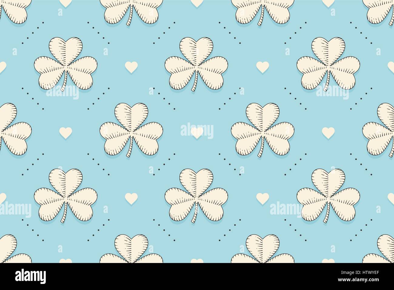Seamless irish green pattern with clover and heart on blue background. Pattern for St. Patrick Day. Old school hand-drawn design in engraving style fo Stock Vector