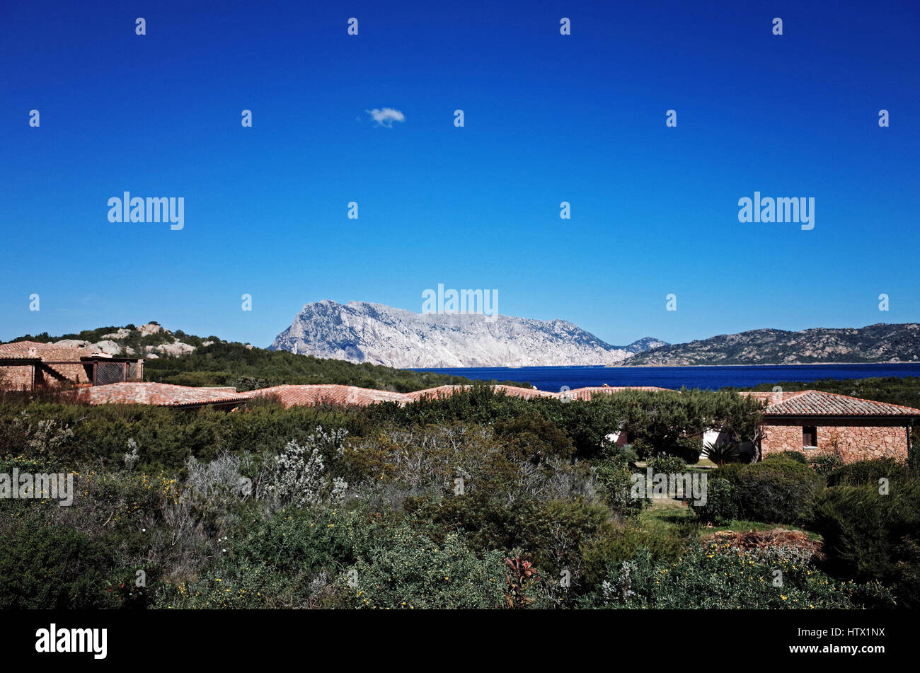 Capo Coda Cavallo, Sardinia. Tavolara and Molara Island from Cala Paradiso village Stock Photo