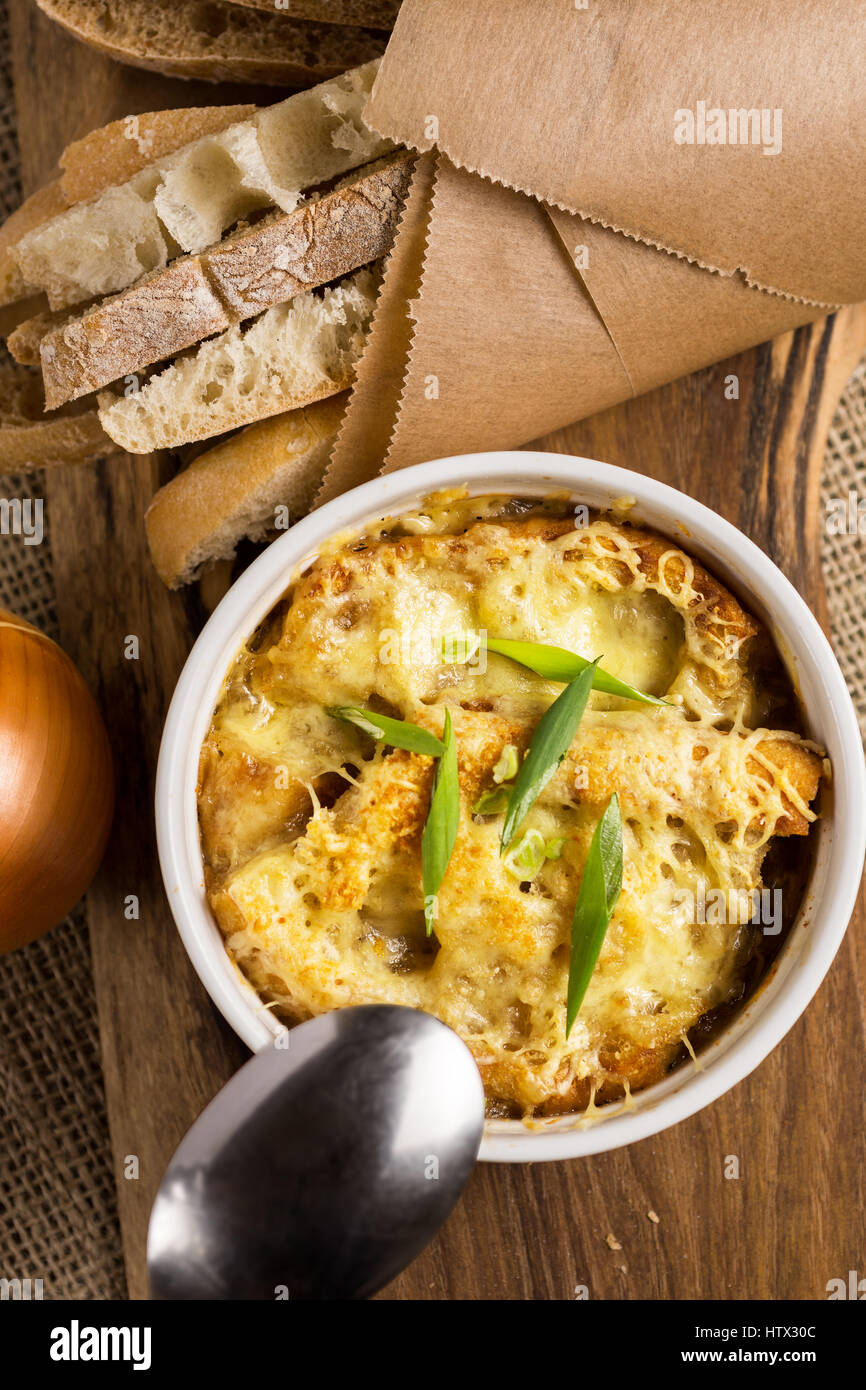French Onion Soup with Dried Bread and Melted Cheese Stock Photo Alamy
