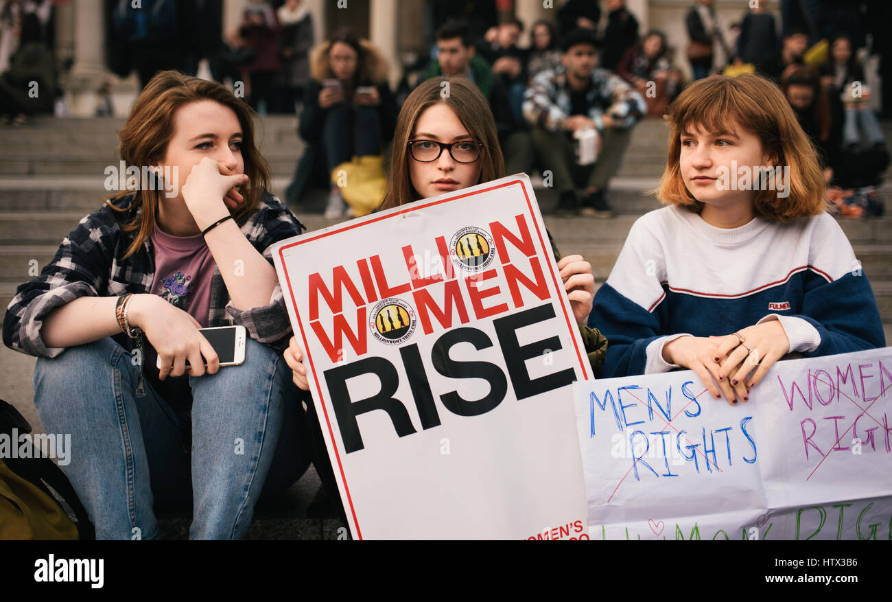 London, UK. 14th Mar, 2017. Protesters in Trafalgar Square at the 10th annual Million Women Rise march. The Million Women Rise march is a women and children only event, aiming to highlight and oppose male violence against women and children. Photo: Jacob Sacks-Jones/Alamy Live News. Stock Photo