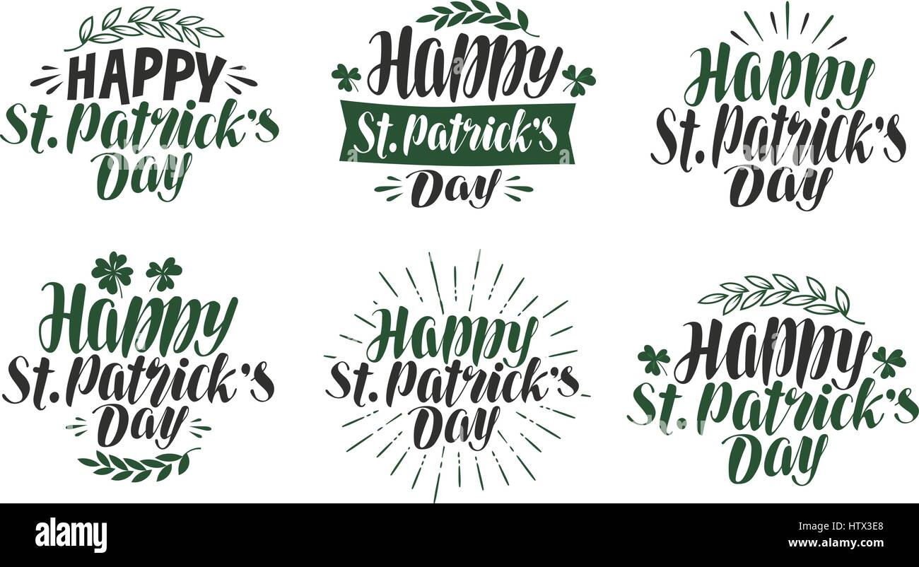 Happy St. Patrick's Day, lettering typography. Irish beer festival, label set. Vector illustration Stock Vector